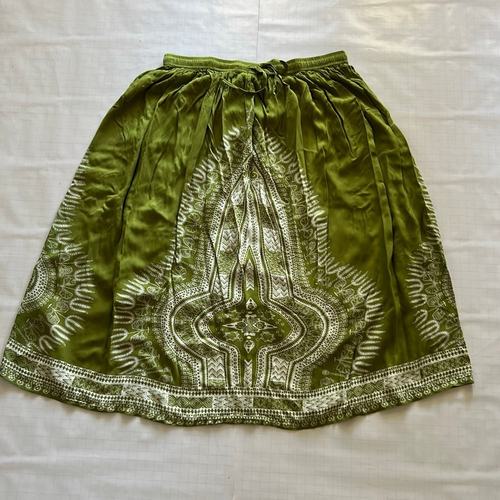 Gypsie‎ Blu Womens XL Midi Skirt Green Flare Coastal Resortwear Lined Elastic